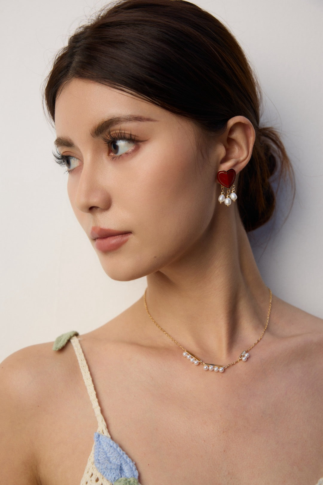 Red Enamel Heart Drop Earrings with Pearl and Gold Bead Dangles