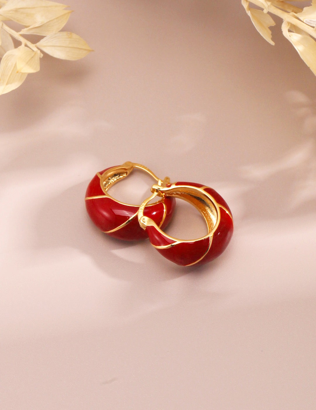 Crimson Enamel Twist Gold Hoop Earrings