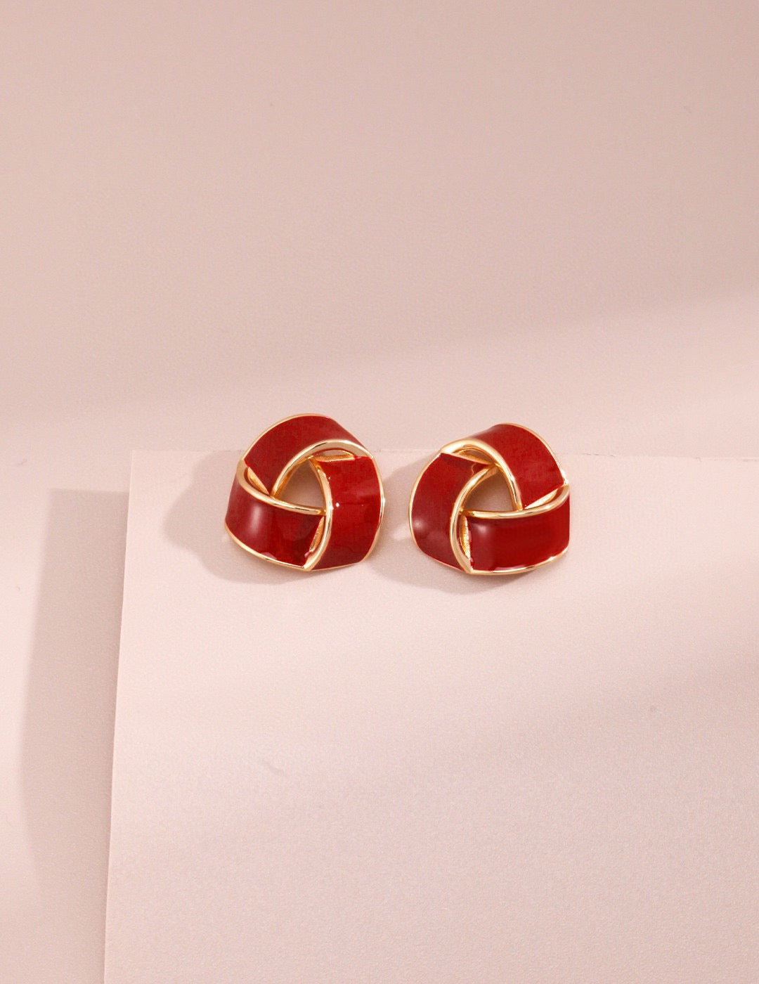Burgundy Red Enamel Twisted Knot Stud Earrings with Gold Accent