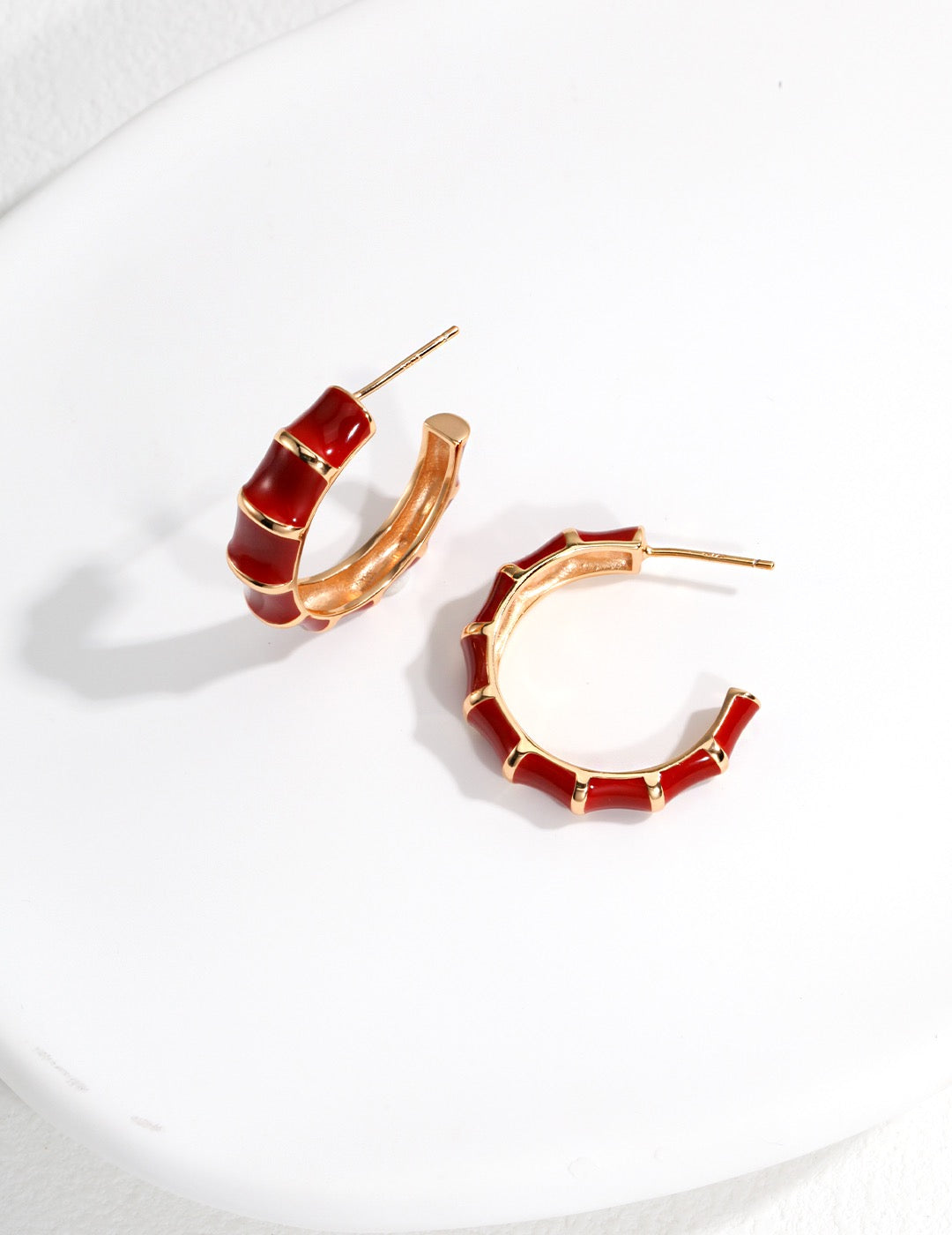 Crimson Bamboo Segment Hoop Earrings - Red Enamel Gold Hoops