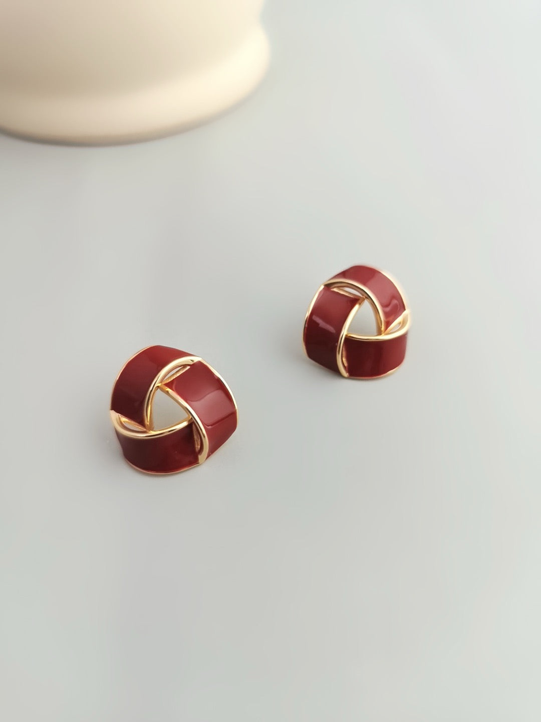 Burgundy Red Enamel Twisted Knot Stud Earrings with Gold Accent