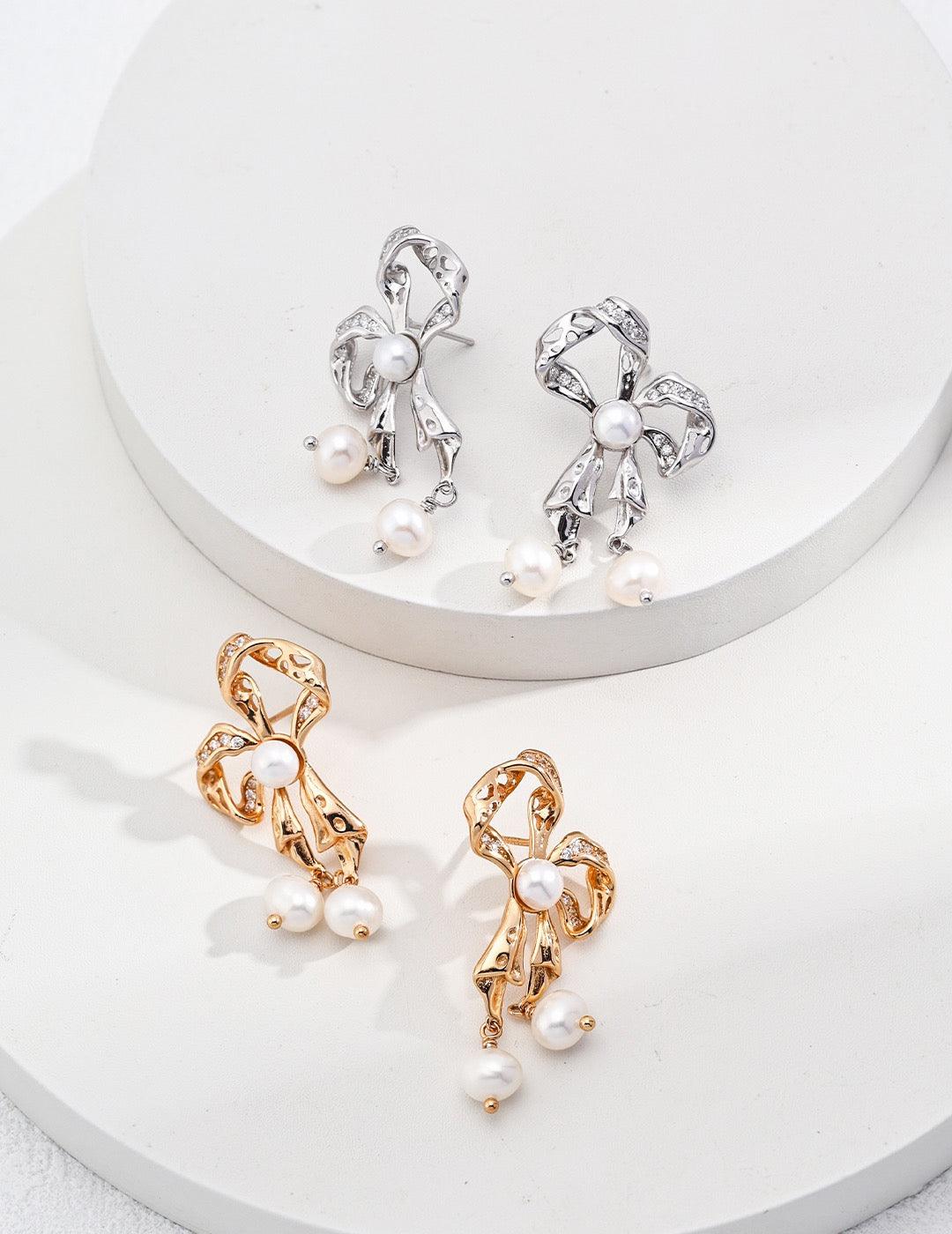 Butterfly Pearl Earrings - Lia Atelier | Silver / Gold Butterfly Pearl Earrings|Bow-Knot Earrings  | Pearl Drop Earrings
