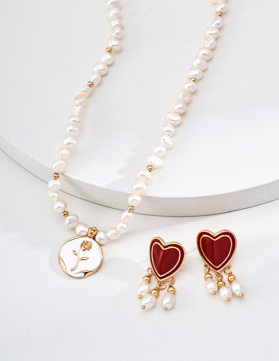 Red Enamel Heart Drop Earrings with Pearl and Gold Bead Dangles