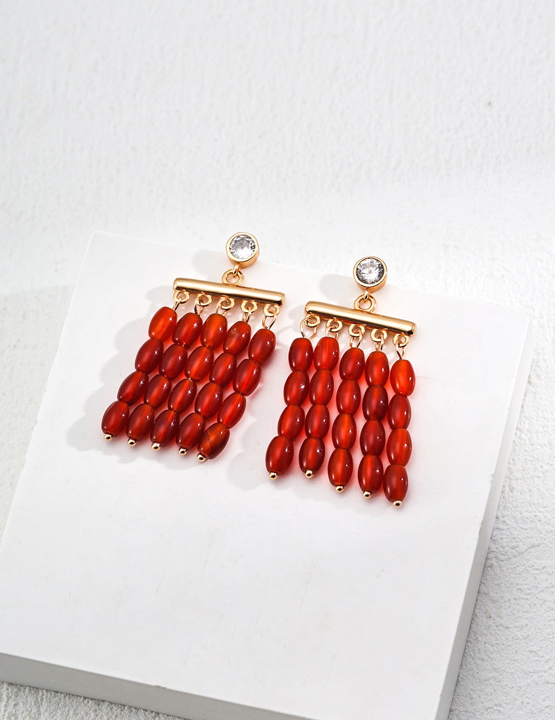Red Carnelian Beaded Fringe Drop Earrings with Crystal Studs