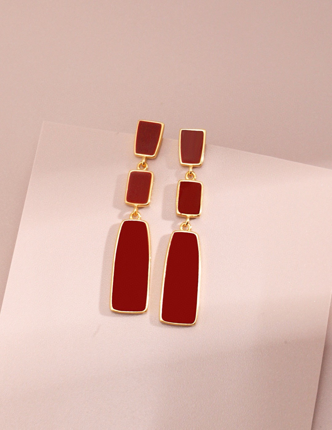 Ruby Red Geometric Drop Earrings - Gold Enamel Dangle Studs