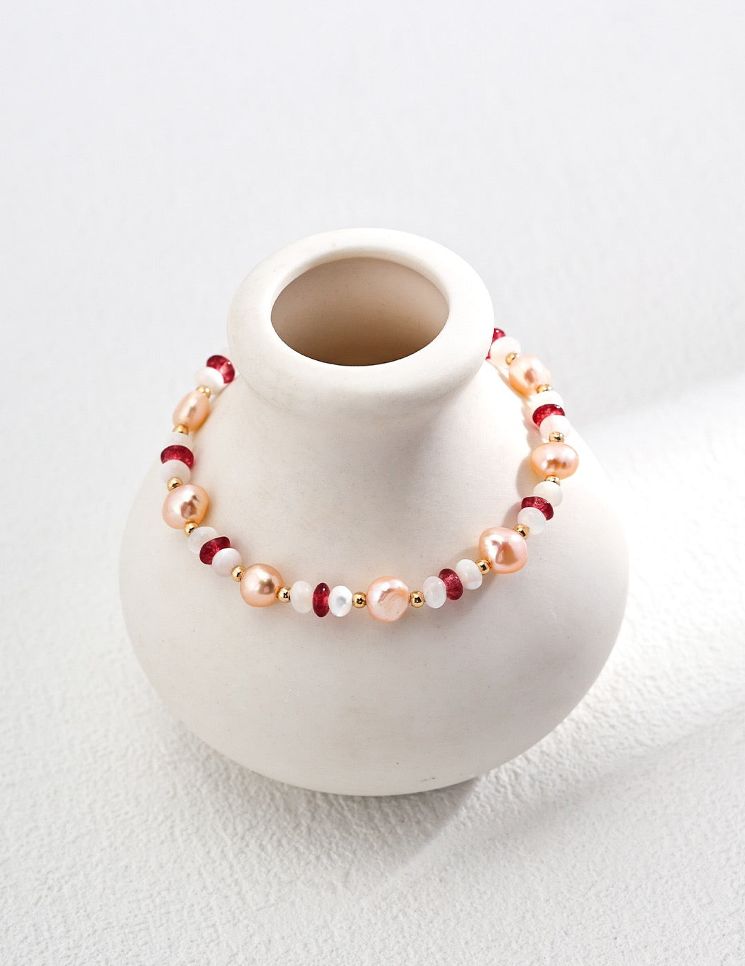 Sakura Bracelet - Lia Atelier| Pink Freshwater Pearl Bracelet |Red Ruby|18K Gold Vermeil|Mother of Pearls