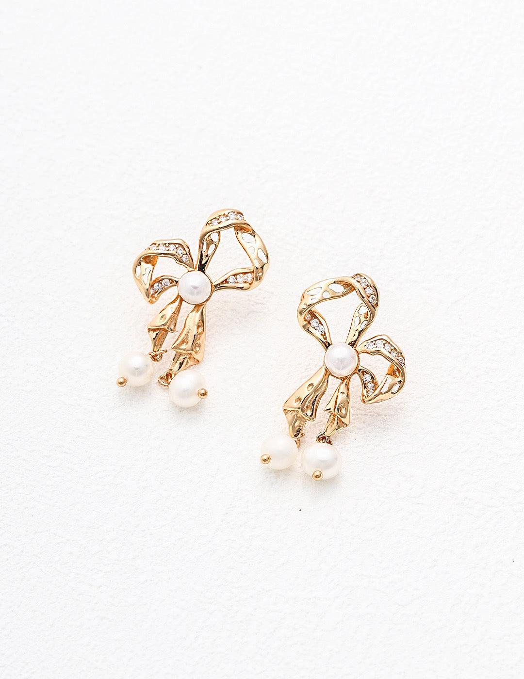 Butterfly Pearl Earrings - Lia Atelier | Gold Butterfly Pearl Earrings|Bow-Knot Earrings  | Pearl Drop Earrings