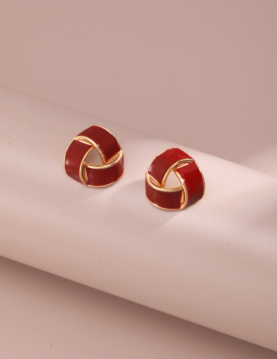 Burgundy Red Enamel Twisted Knot Stud Earrings with Gold Accent