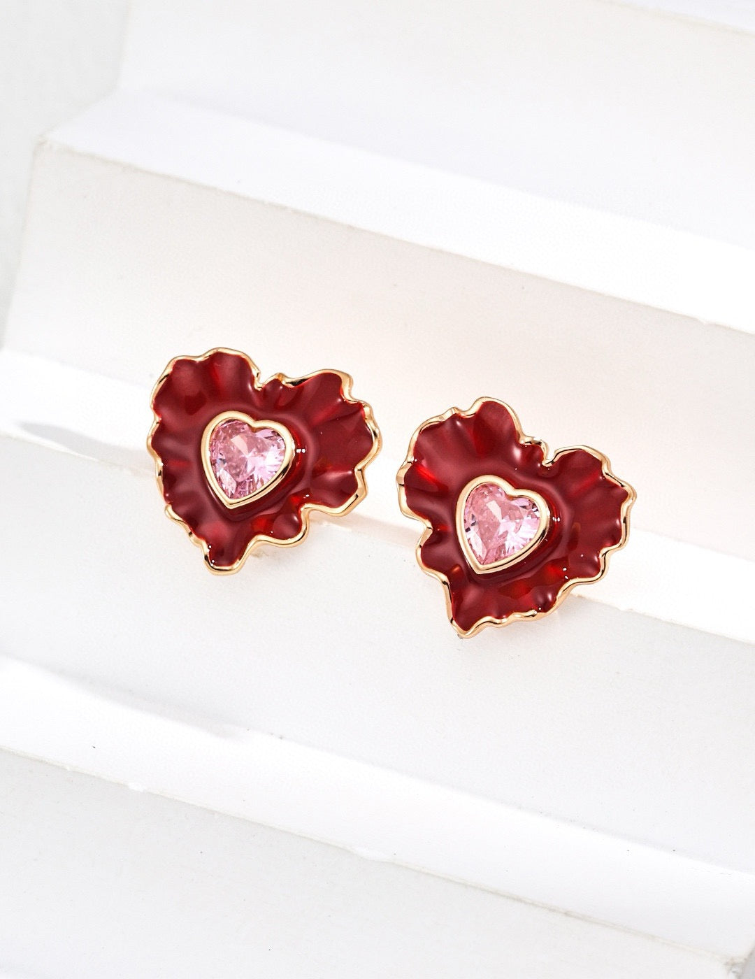 Ruffled Flower Heart Stud Earrings