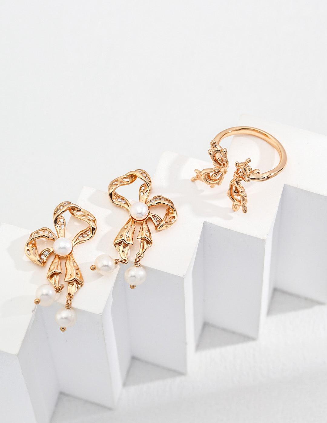 Butterfly Pearl Earrings - Lia Atelier | Gold Butterfly Pearl Earrings|Bow-Knot Earrings  | Pearl Drop Earrings