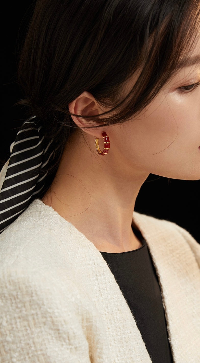 Crimson Bamboo Segment Hoop Earrings - Red Enamel Gold Hoops