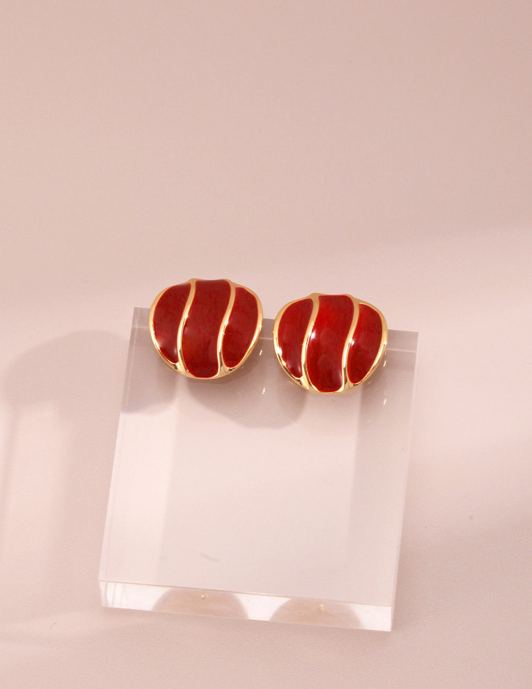 Burgundy Red Enamel Spiral Stud Earrings with Gold Trim