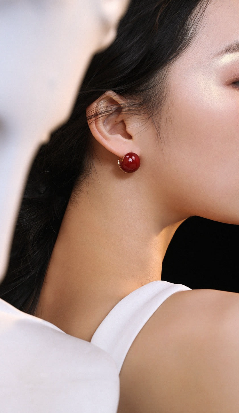Crimson Sphere Stud Earrings - Red Enamel Ball Studs