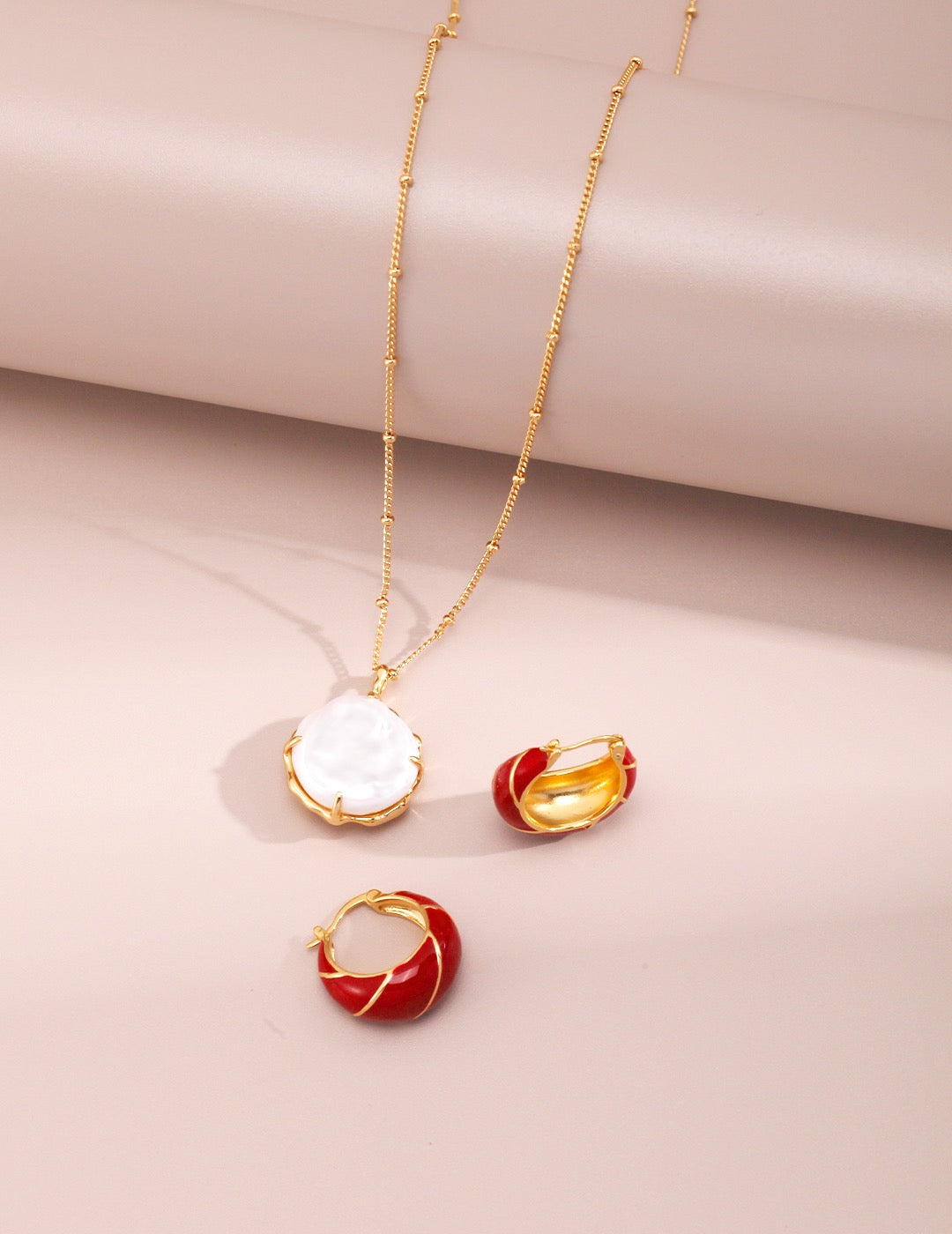 Crimson Enamel Twist Gold Hoop Earrings