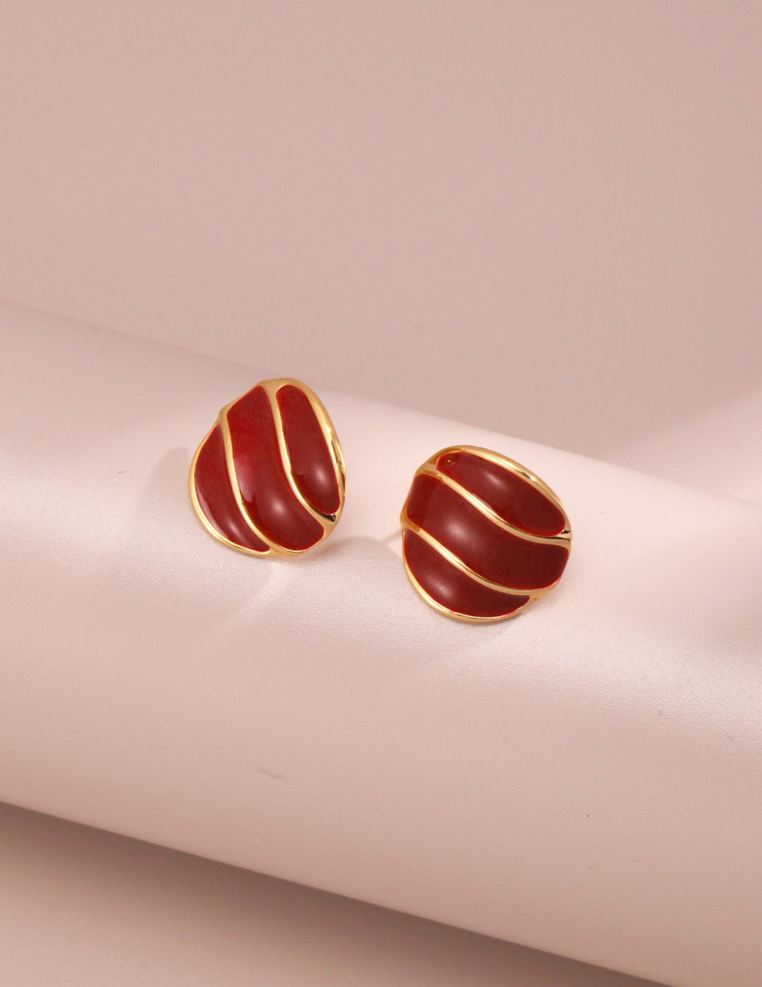 Burgundy Red Enamel Spiral Stud Earrings with Gold Trim