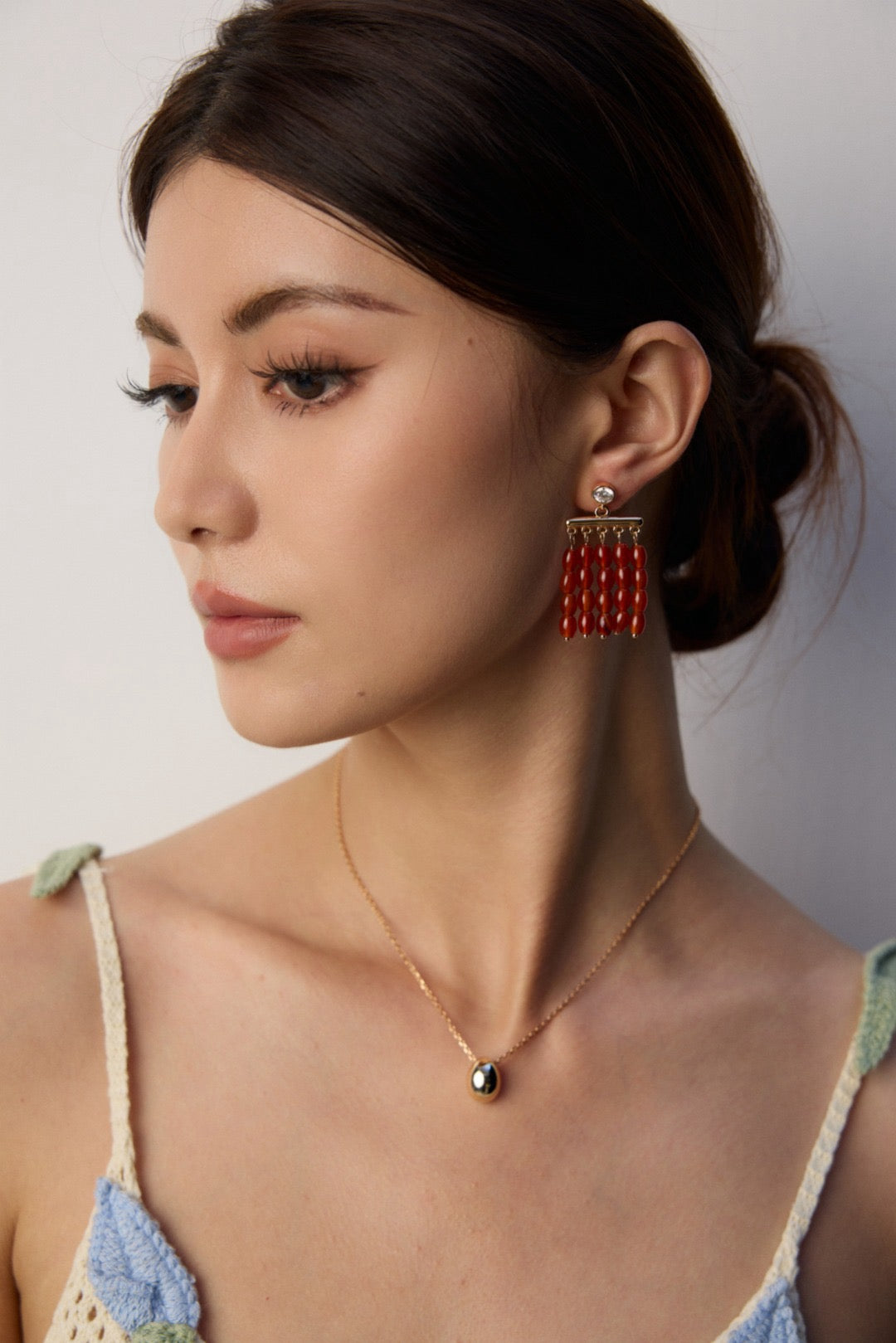 Red Carnelian Beaded Fringe Drop Earrings with Crystal Studs