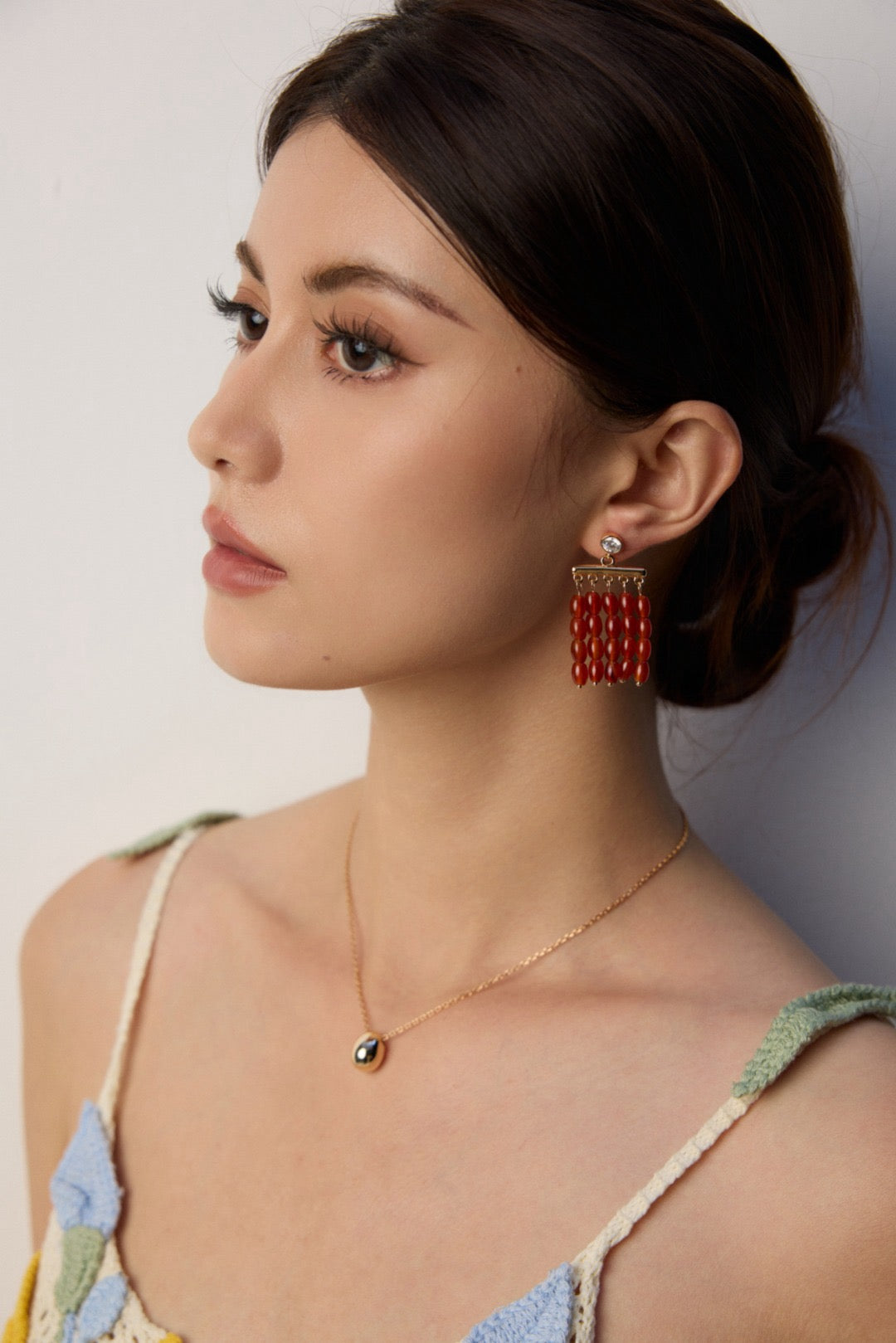 Red Carnelian Beaded Fringe Drop Earrings with Crystal Studs