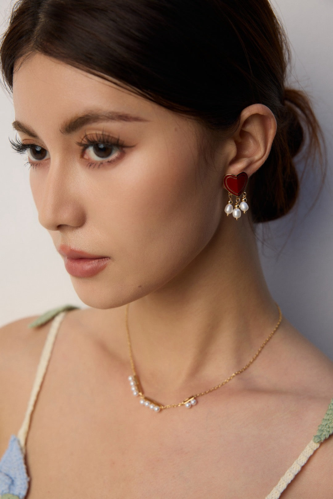 Red Enamel Heart Drop Earrings with Pearl and Gold Bead Dangles