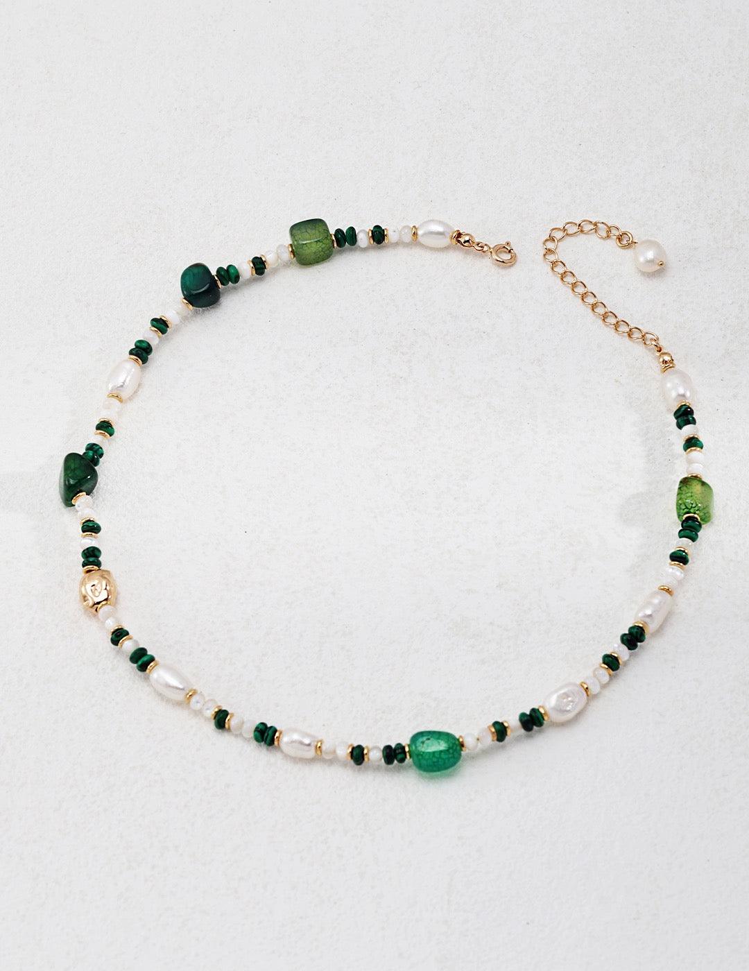 Celestial Garden Necklace - Malachite, Agate & Pearl Harmony displayed on a white surface.