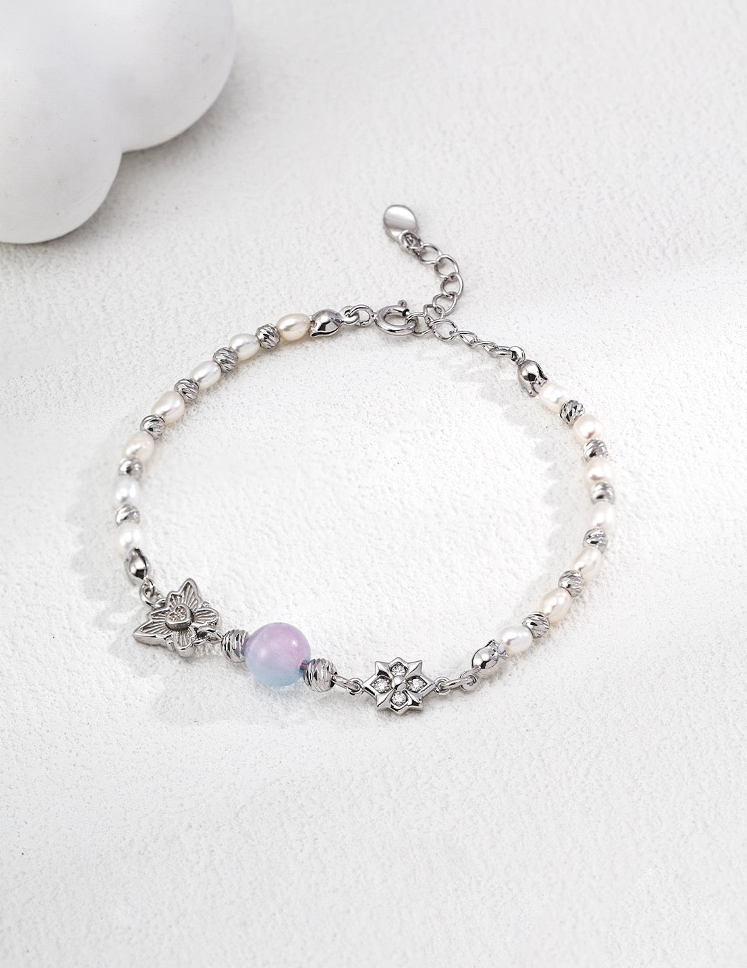 Chrysoberyl pearl flower charm bracelet in 18K gold vermeil with star detail charms