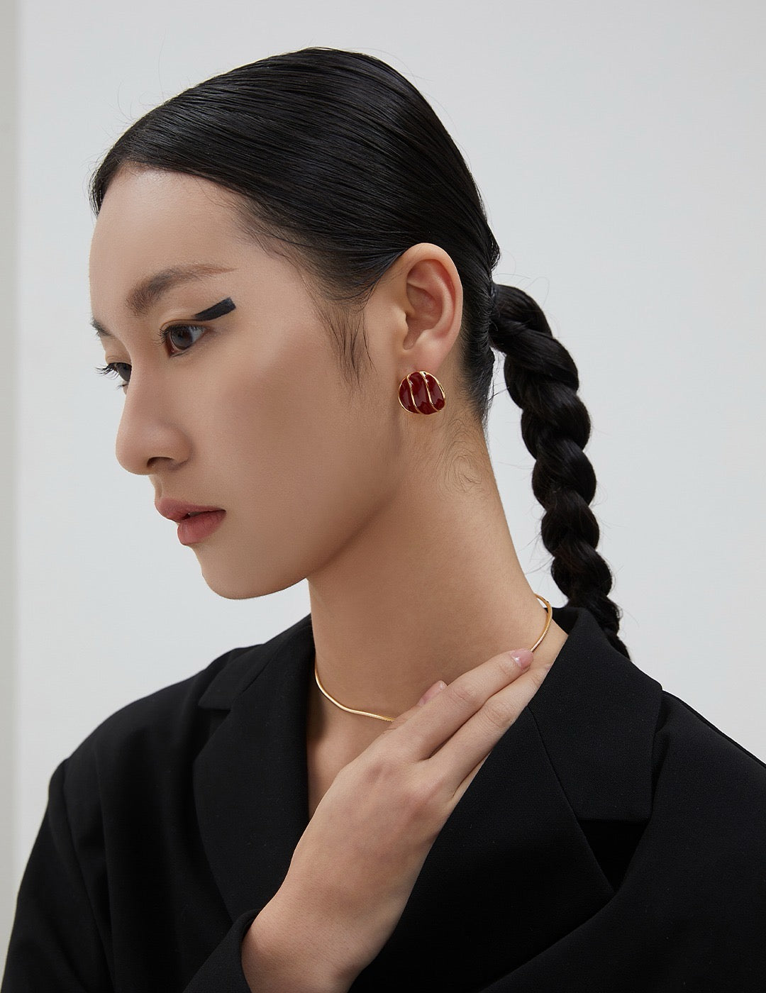 Burgundy Red Enamel Spiral Stud Earrings with Gold Trim