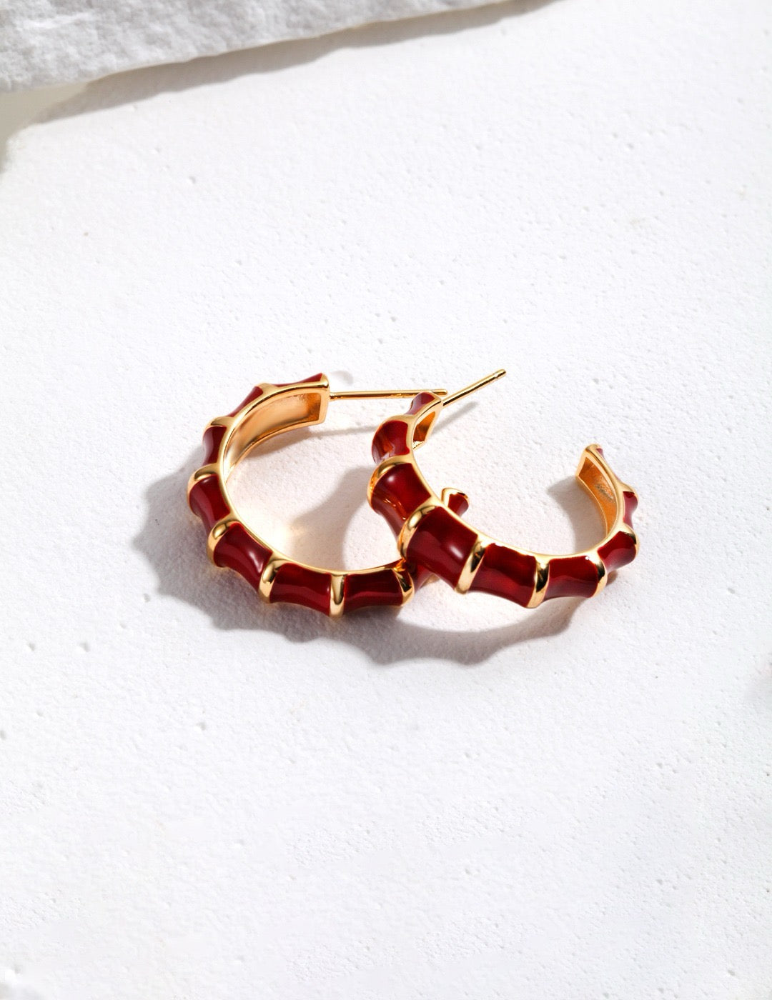 Crimson Bamboo Segment Hoop Earrings - Red Enamel Gold Hoops