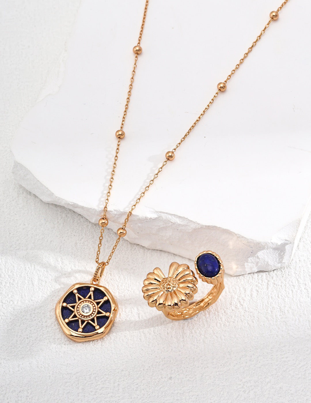 Lapis Lazuli Flower Cuff Ring - Gold