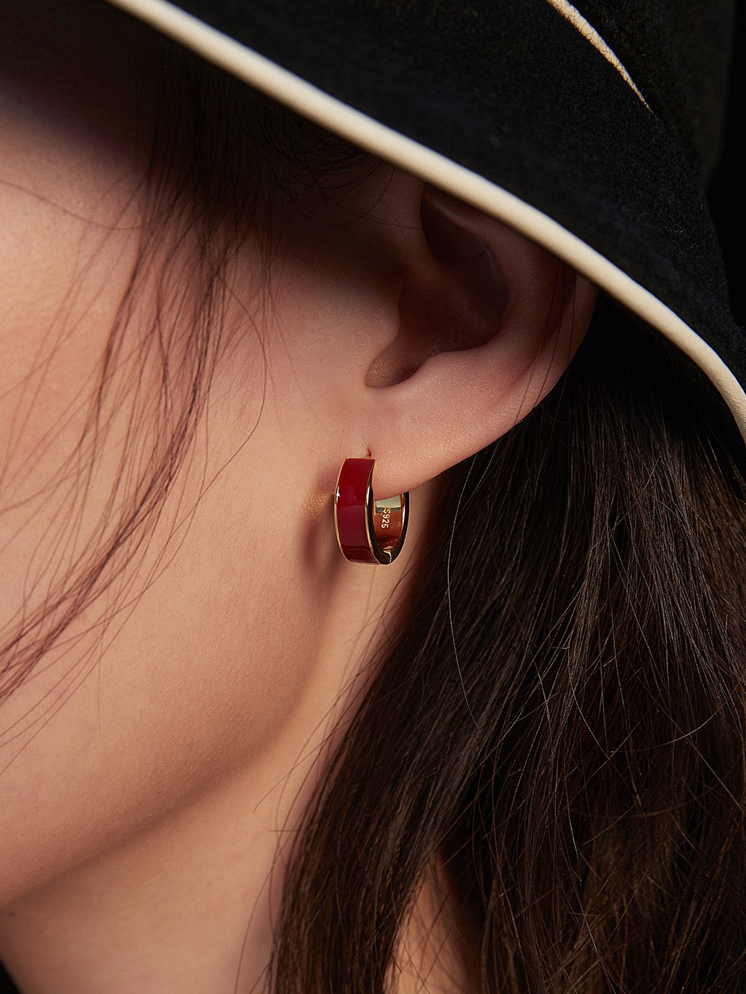 Ruby Red Enamel Gold Huggie Hoop Earrings