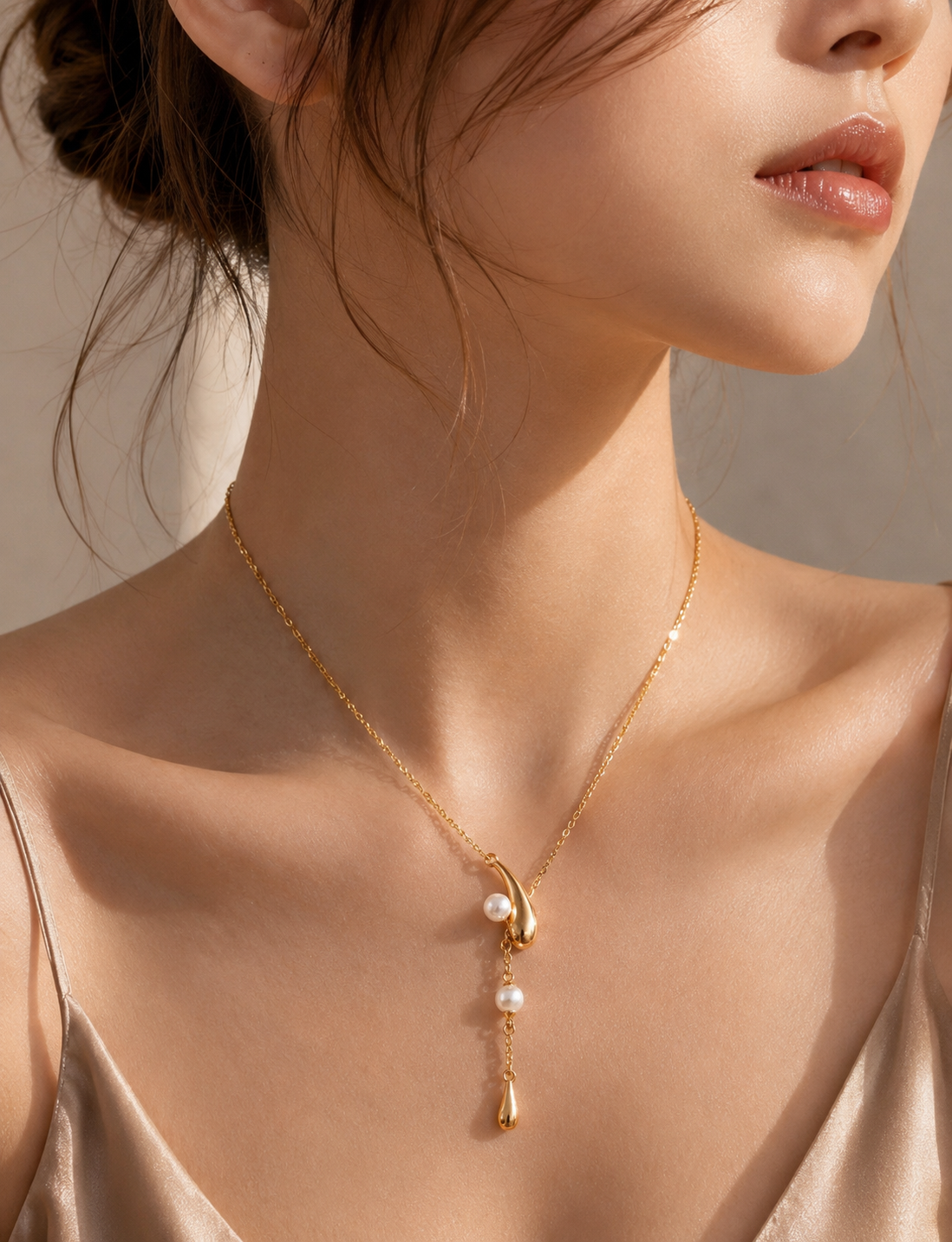 18K gold vermeil Eira Pearl Drop Lariat Necklace worn on a model