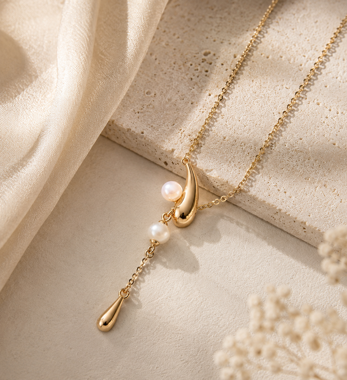 18K gold vermeil adjustable pearl lariat necklace displayed on a neutral background
