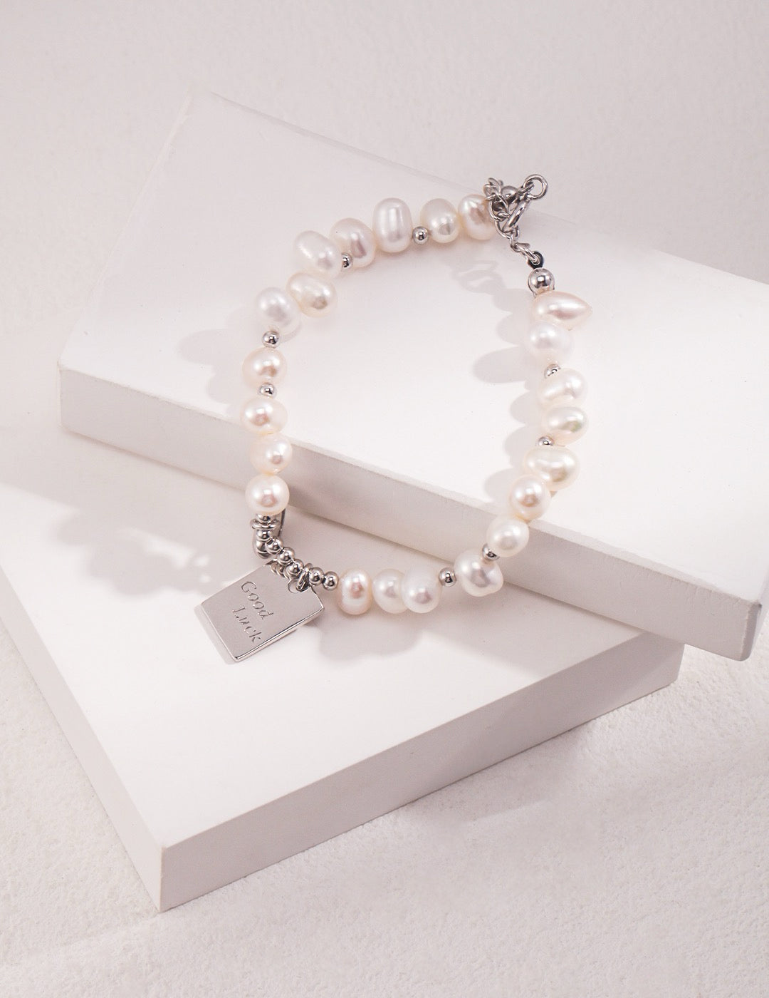 Elegant Freshwater Pearl Good Luck Charm Bracelet In Sterling Silver