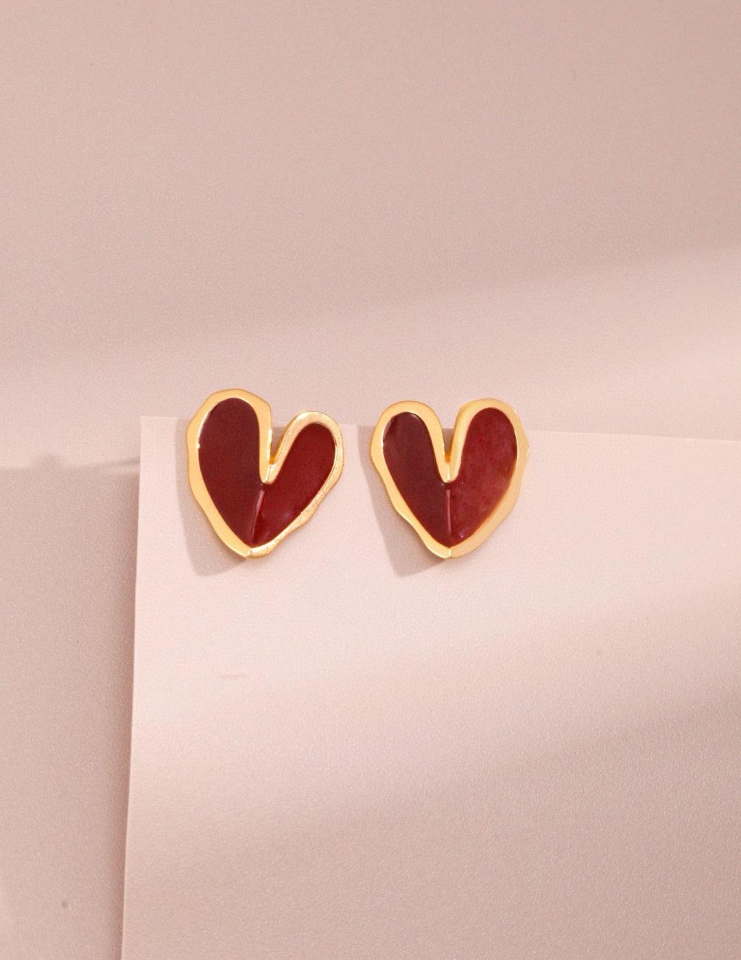 Red Enamel Heart Shape Earrings - Lia Atelier
