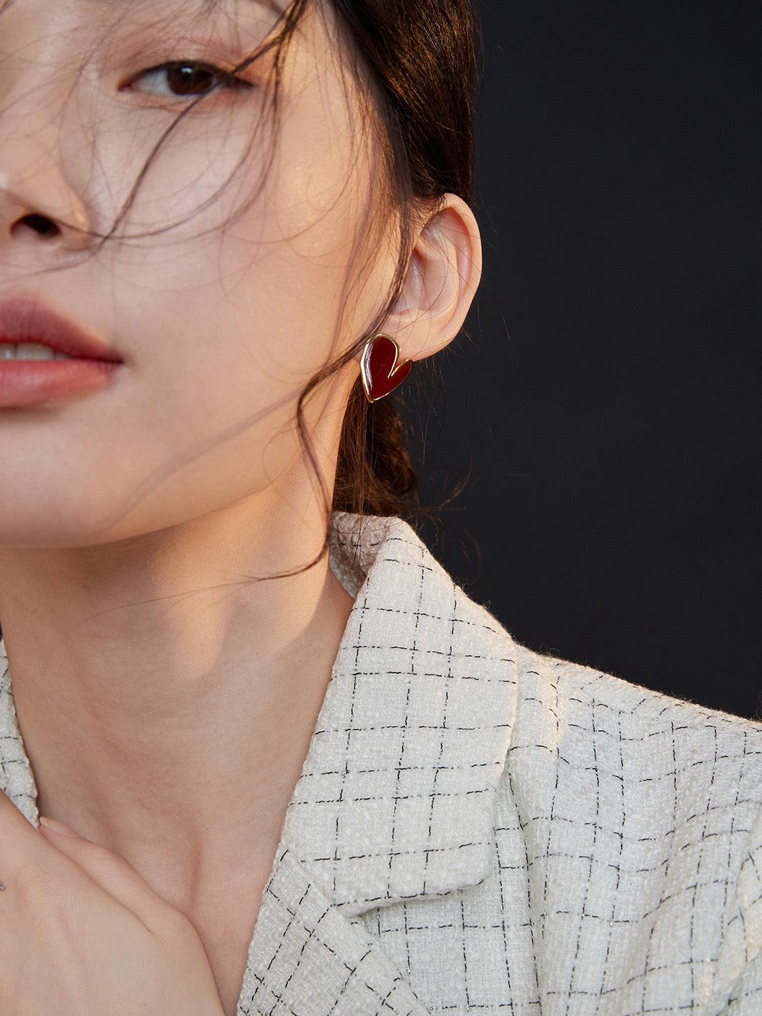 Red Enamel Heart Shape Earrings - Lia Atelier