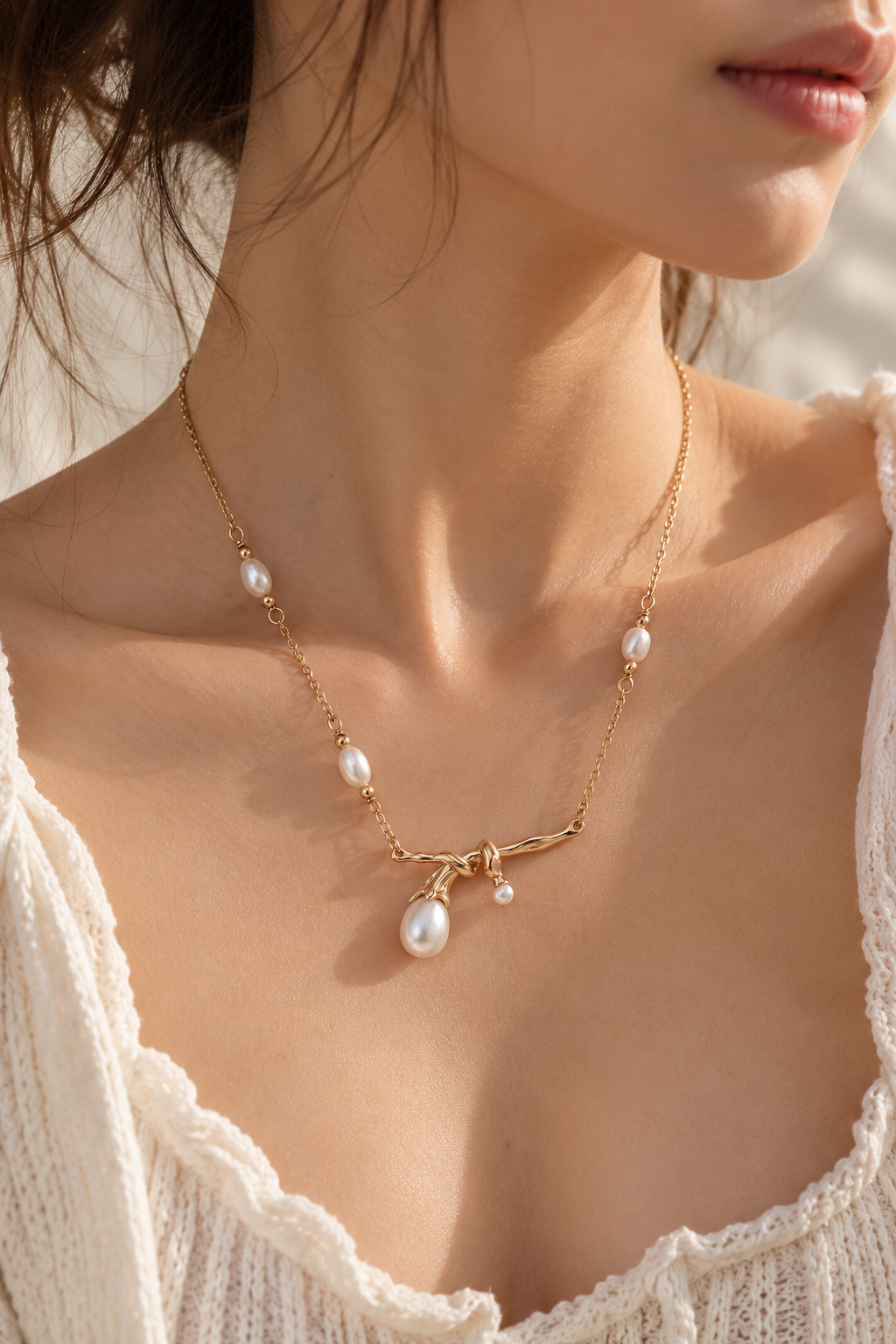 Ethereal Knot pearl necklace worn by a model, with an 18K gold vermeil knotted centerpiece and freshwater pearl drop