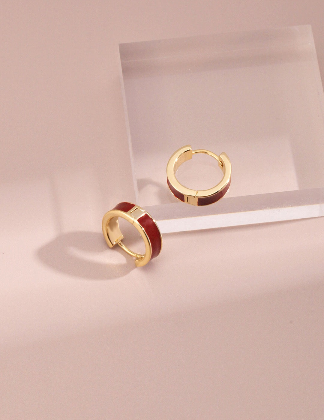Ruby Red Enamel Gold Huggie Hoop Earrings