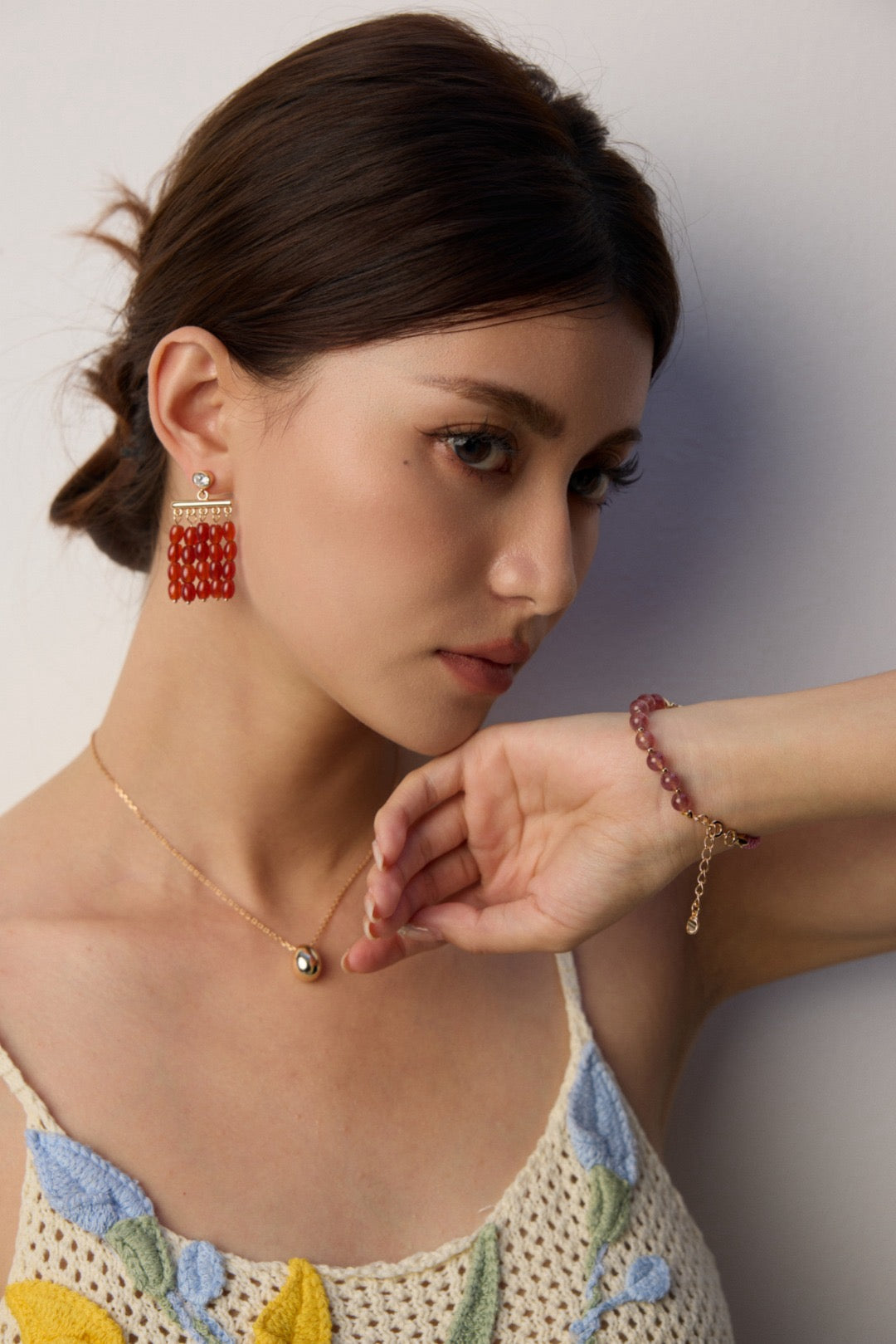 Red Carnelian Beaded Fringe Drop Earrings with Crystal Studs