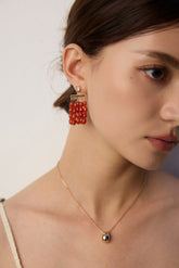 Red Carnelian Beaded Fringe Drop Earrings with Crystal Studs