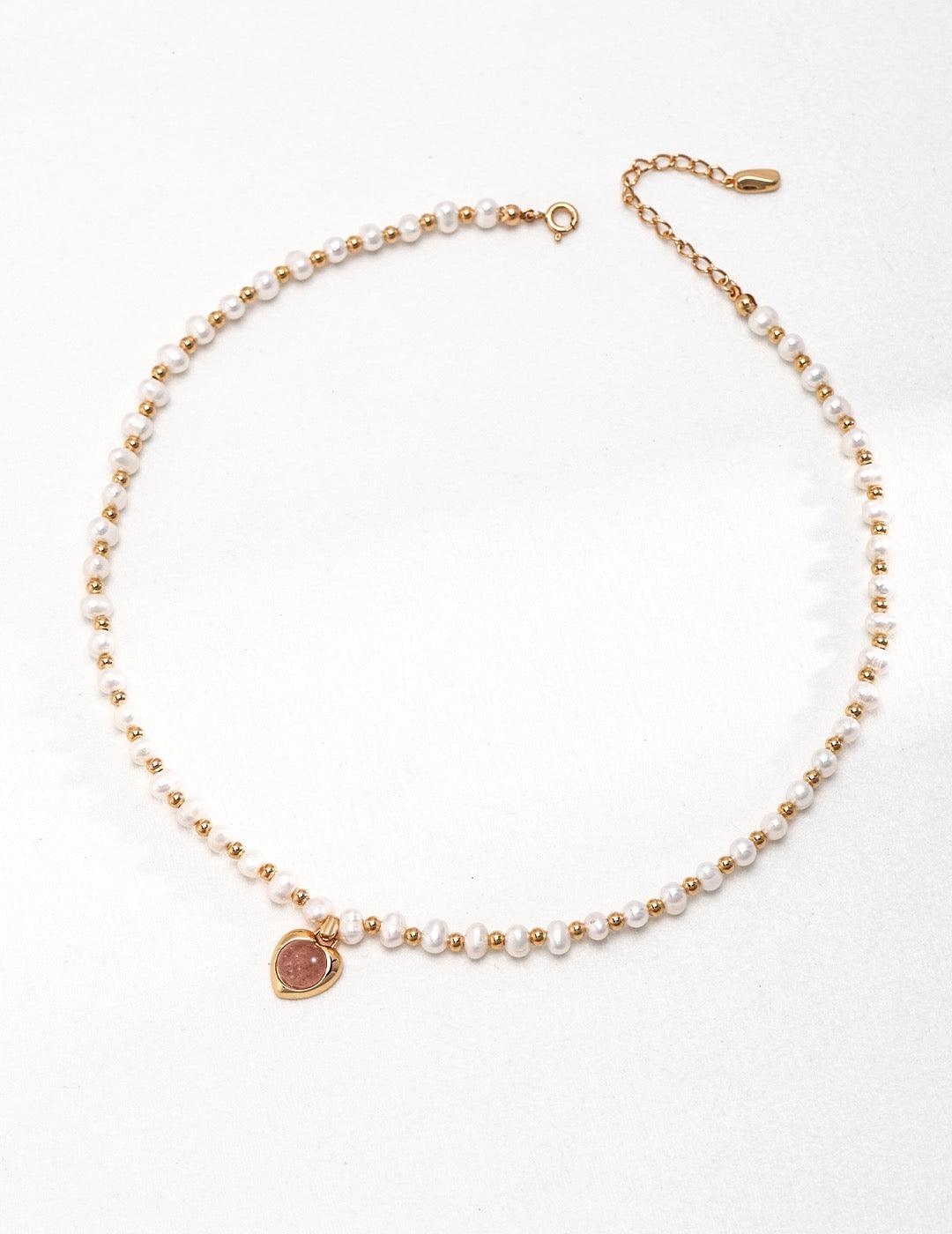 Front view of Strawberry Quartz Pearl Necklace displayed on the white background.