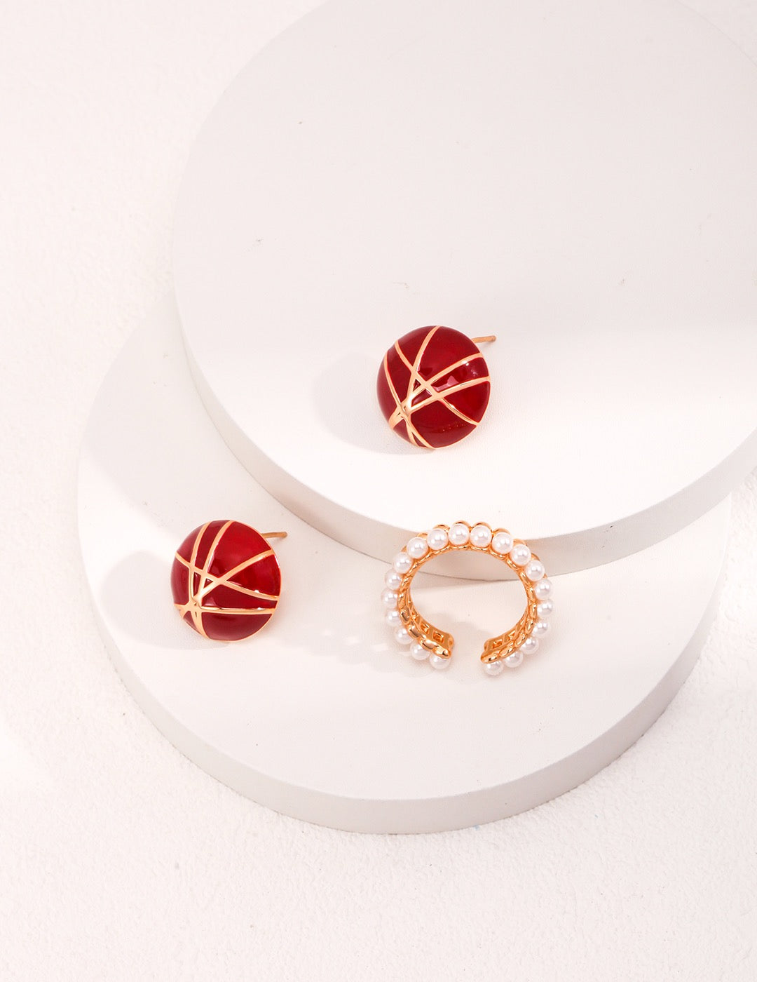 Red Enamel Stud Earrings with Gold Detailing