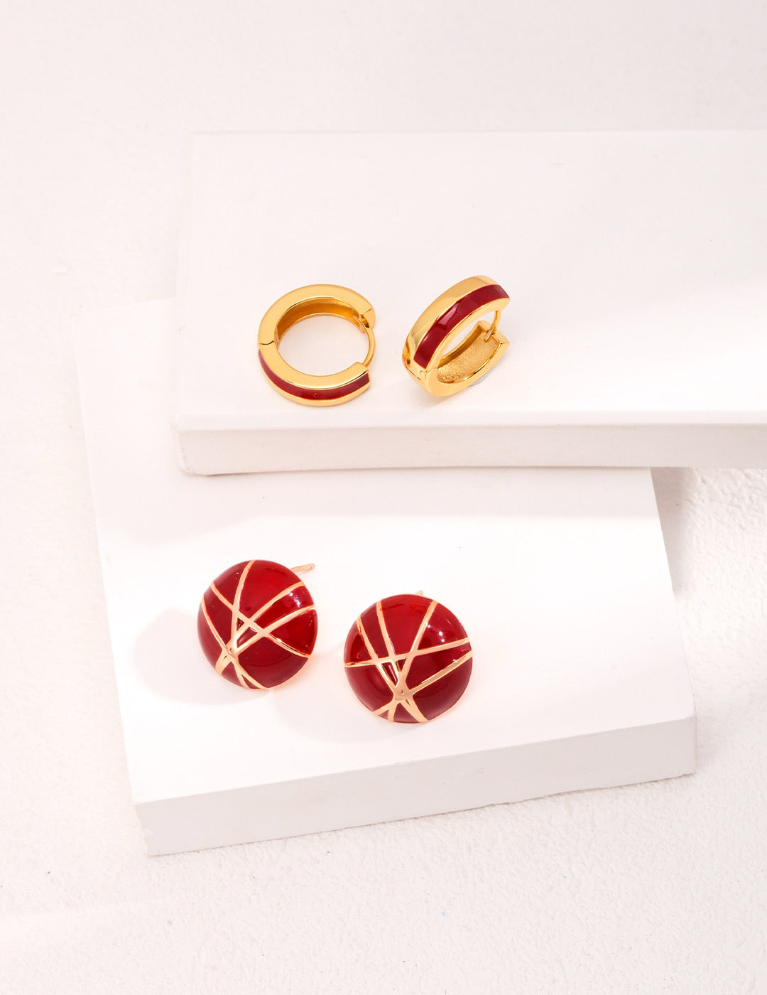 Red Enamel Stud Earrings with Gold Detailing
