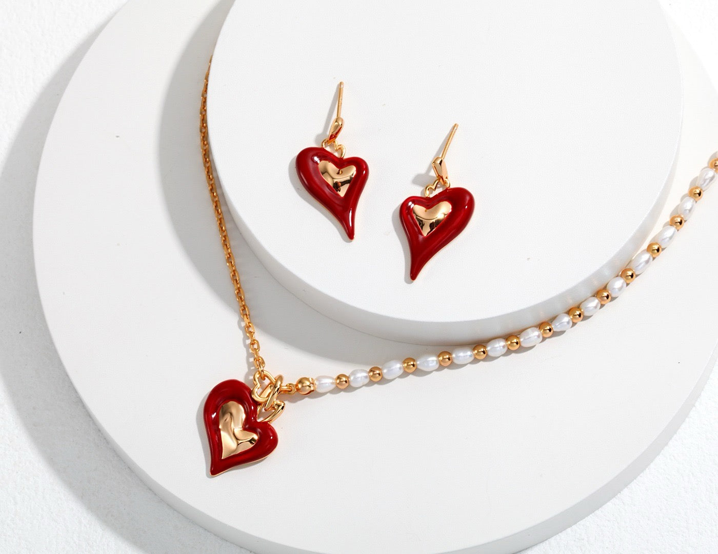 Gold Chain Pearl Beaded Necklace with Red Enamel Heart Charm