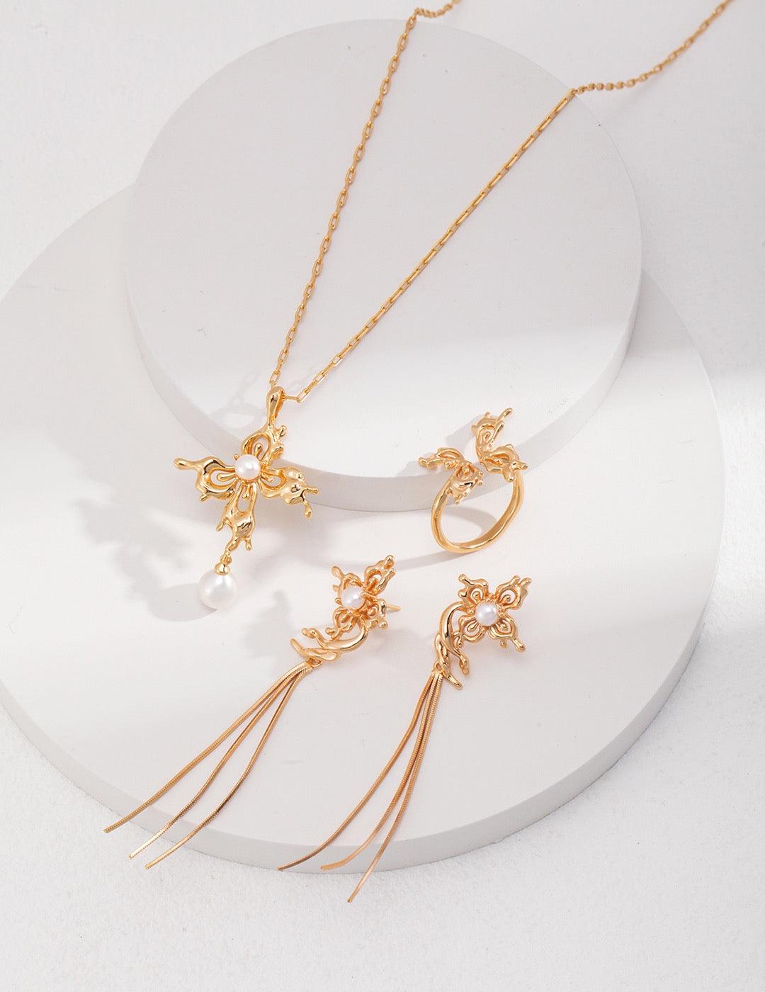 Butterfly Open Ring - Lia Atelier  | Jewelry for Wedding|  Gold Butterfly Adjustable Open Ring| Elegant Open Ring | Fine Jewelry | Pearl Drop Earrings