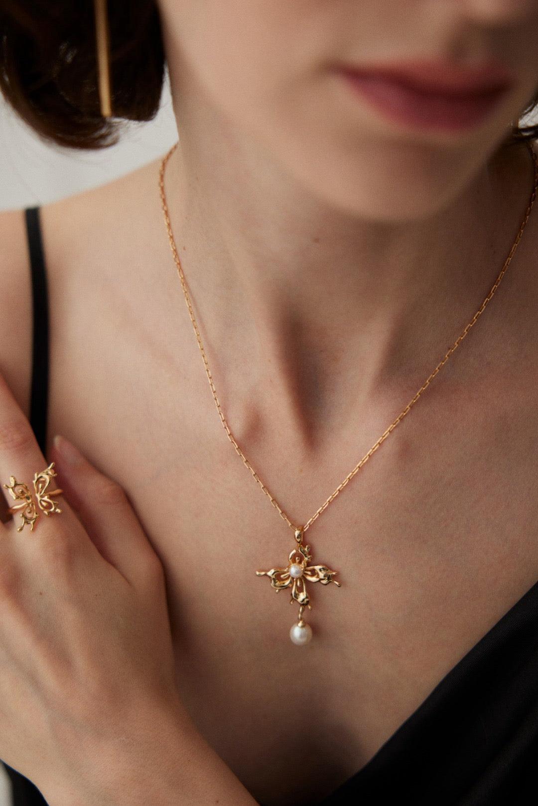 Gold Butterfly Open Ring - Lia Atelier  | Jewelry for Wedding|  Gold Butterfly Adjustable Open Ring| Elegant Open Ring | Fine Jewelry | Gold Pearl Pendant Necklace