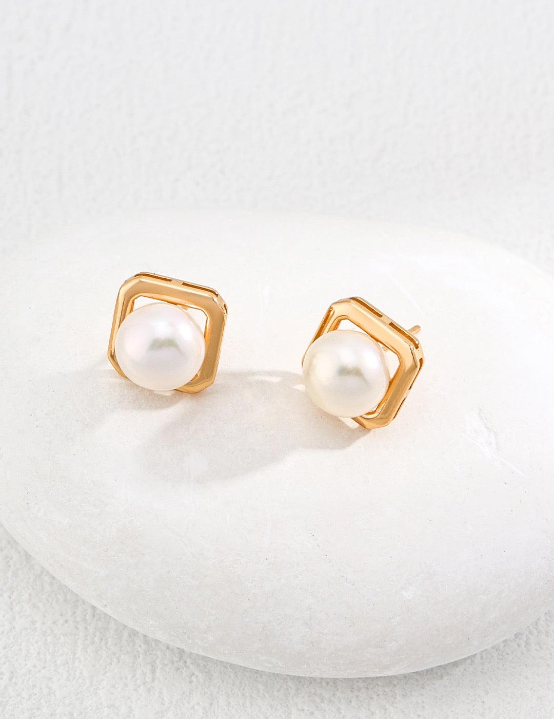 Geometric Pearl Stud Earrings - Lia Atelier