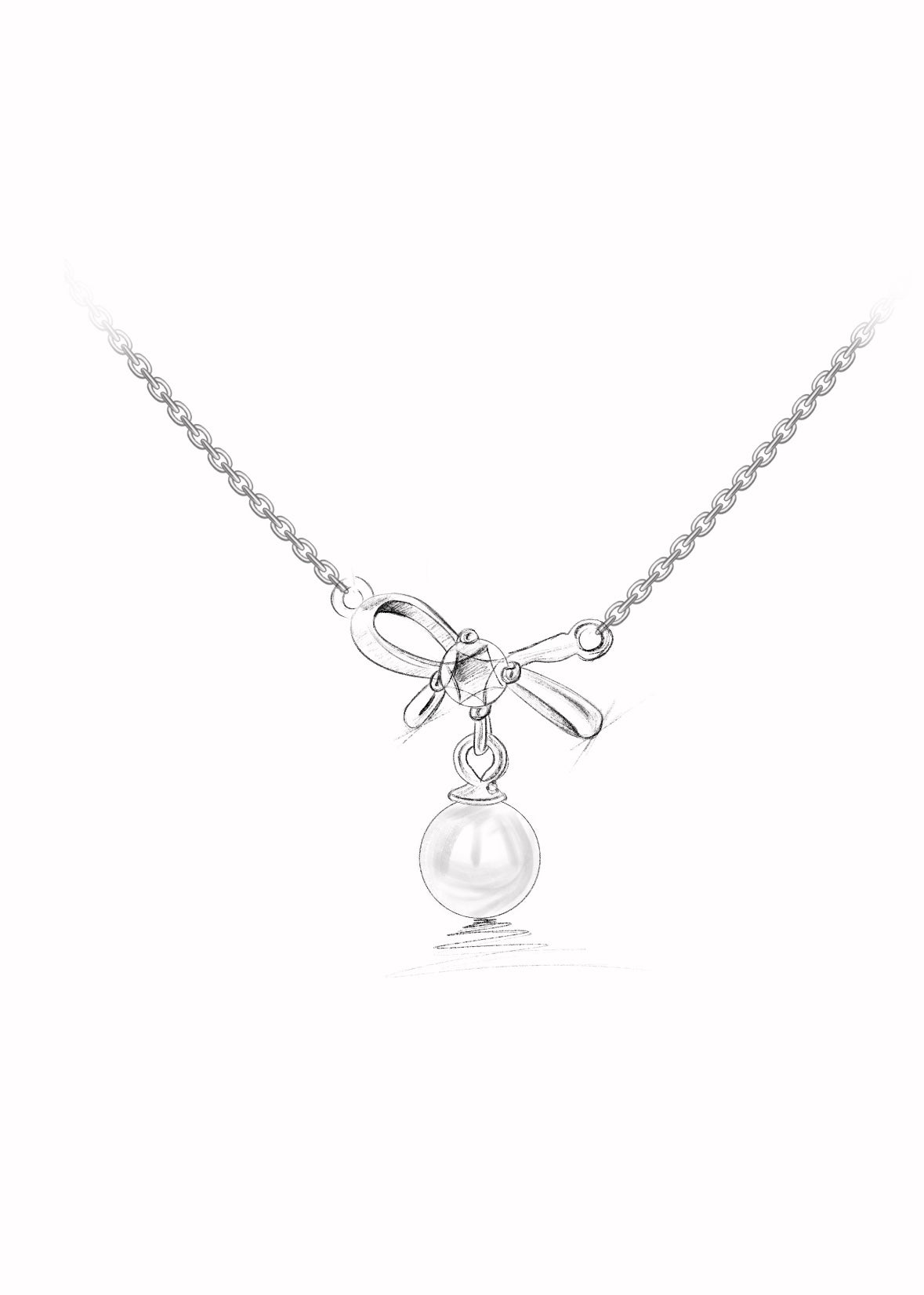 Silver necklace with a bow and pearl pendant on a white background (sketch)