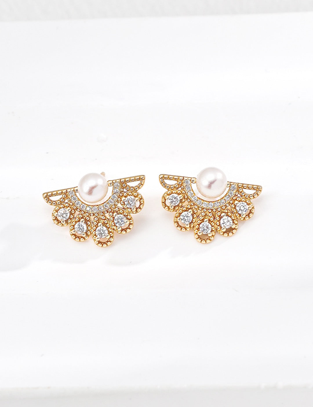 Pearl Ear Jacket Earrings with Crystal Fan In 18K Gold Vermeil