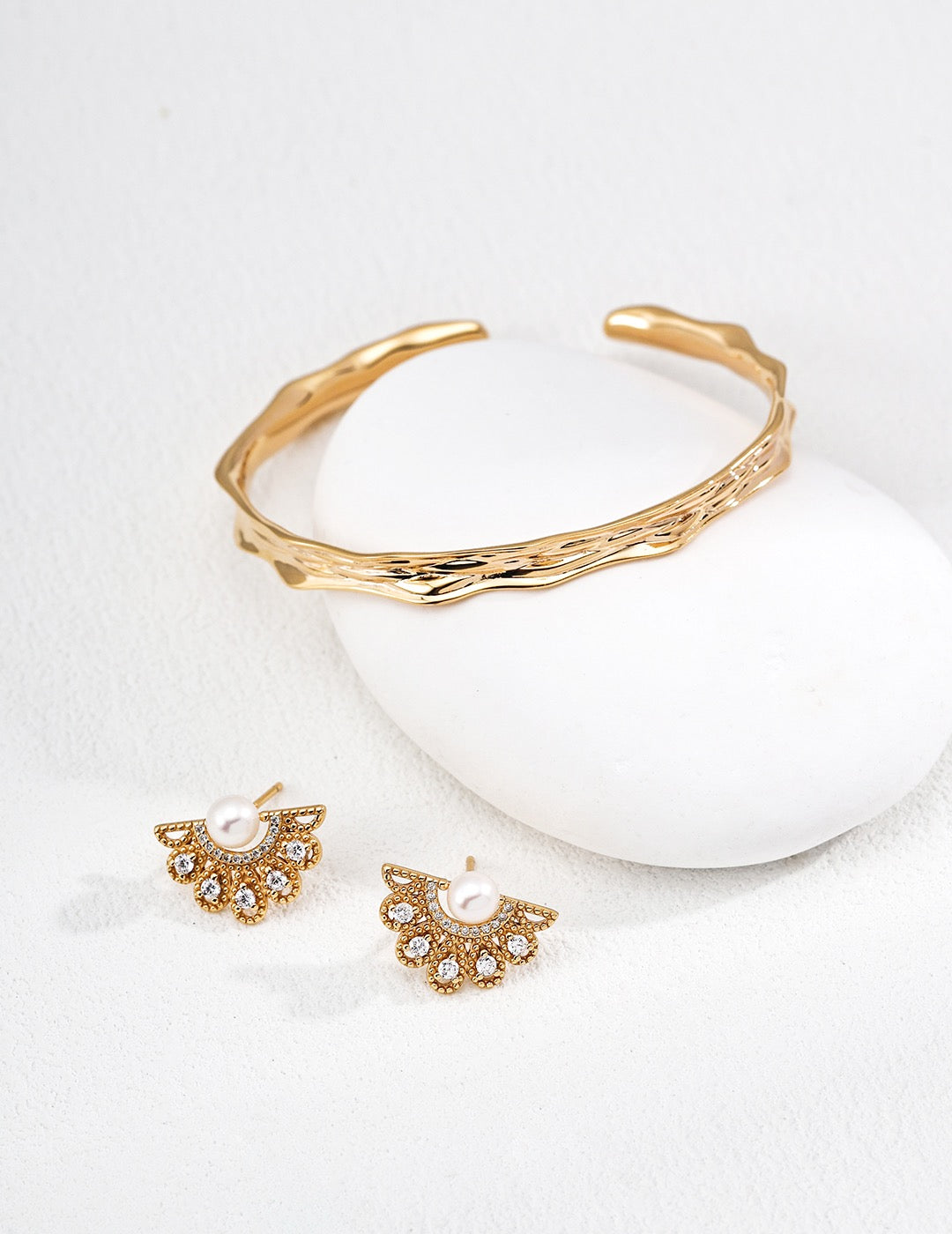 Pearl Ear Jacket Earrings with Crystal Fan In 18K Gold and Gold Bracelet