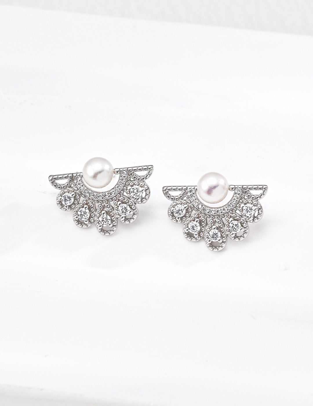 Pearl Ear Jacket Earrings with Crystal Fan In Sterling Silver