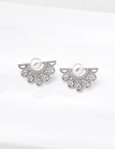 Pearl Ear Jacket Earrings with Crystal Fan In Sterling Silver