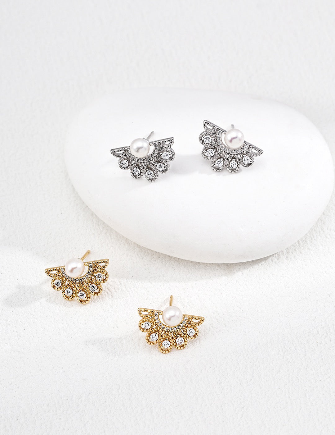 Women Pearl ear jacket earrings with crystal fan design in sterling silver and 18K gold vermeil, Lia Atelier